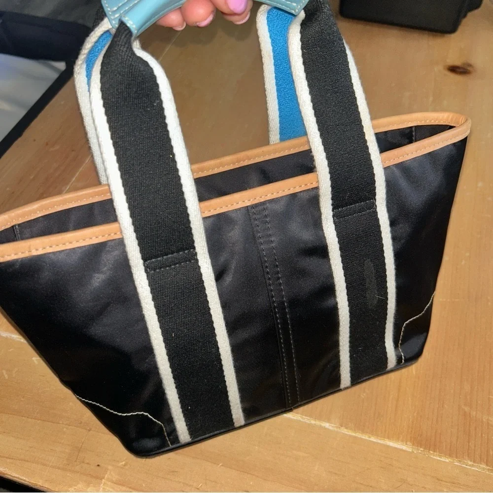 Black and Tan Tote Bag with Blue Handle